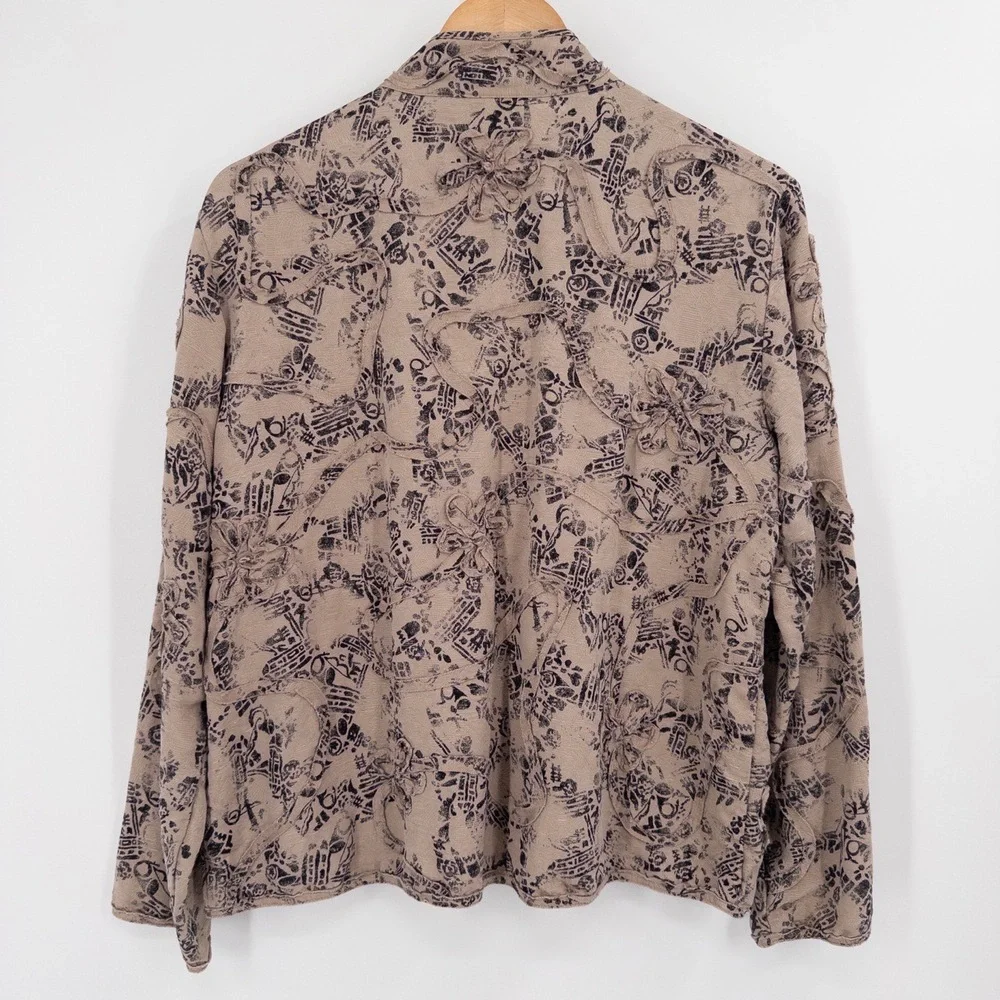 Chico's Silk Linen Textured Jacket L Sz‎ 2 Abstract Boho Artsy Floral Appliqué